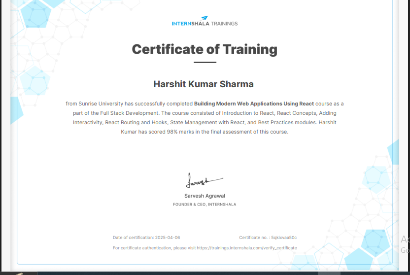 Building Modern Web Applications Using React Certificate